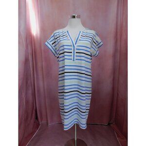 Nautica Striped Shift Dress Medium V Neck White Blue